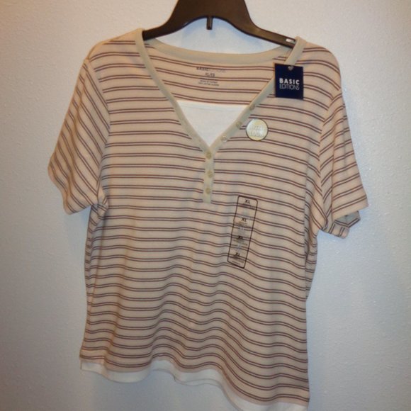 Basic Editions Women's Layered Henley Short Sleeve Striped Top Size XL N… - Picture 4 of 11
